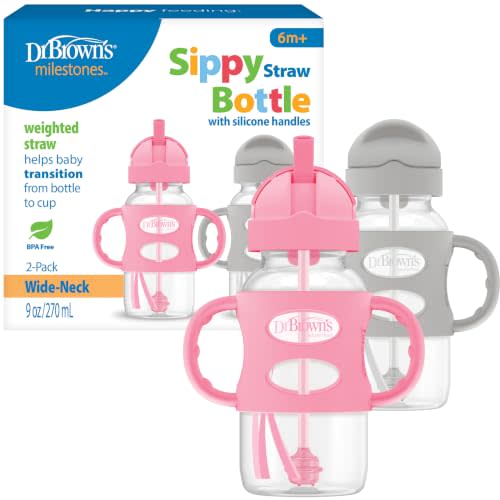 Dr. Brown's Wide-Neck Sippy Straw Bottle with Handles, Gray & Pink, 2-Pack | Teach baby straw-sipping skills, weighted straw lets them drink in any direction, 100% silicone handles, 9 oz, 6m+