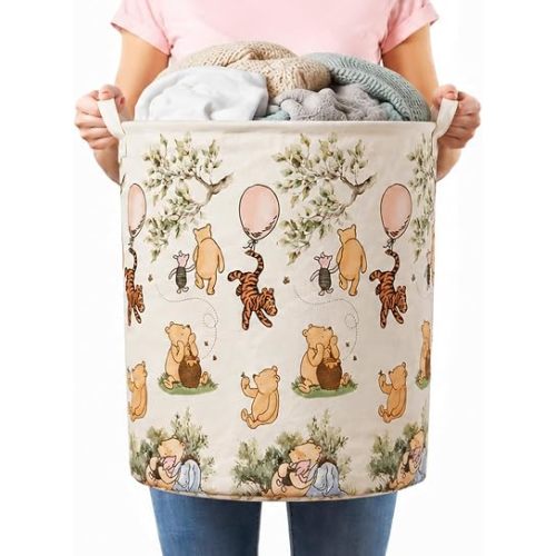 Sweet Baby Co. Classic Winnie Pooh Laundry Hamper With Hard Bottom Large Round Storage Canvas Cotton Nursery Basket Bin Waterproof Foldable Bathroom and Bedroom Stuff Clothes Toys Baby Vintage Decor