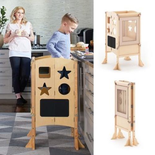 Guidecraft Classic Kitchen Helper Kids' Step Stool - Natural: Foldable and Adjustable Wooden Toddler Tower for Learning with Keeper