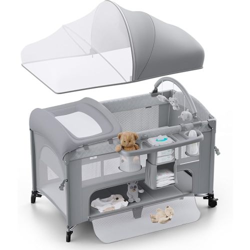4 in 1 Baby Bassinet, Pack and Play, Bedside Crib Sleeper, Diaper Changer - Comes with Mattress, Mosquito Net，Bottom Storage and Toy Bar for Newborn to Toddles