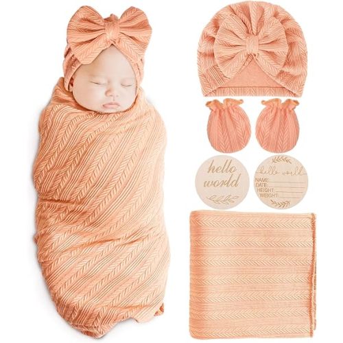 Newborn Receiving Blanket with Bow Hat Mittens Wooden Card Set Wheat-Pattern Newborns Toddler Baby Boy Girl Nursery Swaddle Wrap