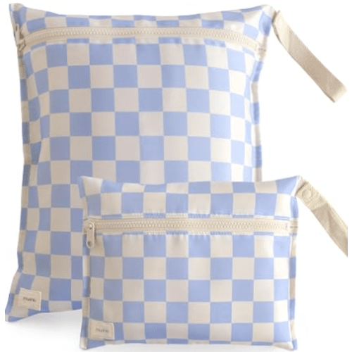 mushie Water Resistant Wet Bags | Large & Small Reusable Storage Bag for Baby Items and Travel | Zippered Pockets with Handle | Machine Washable, Set of 2 (Blue Check)