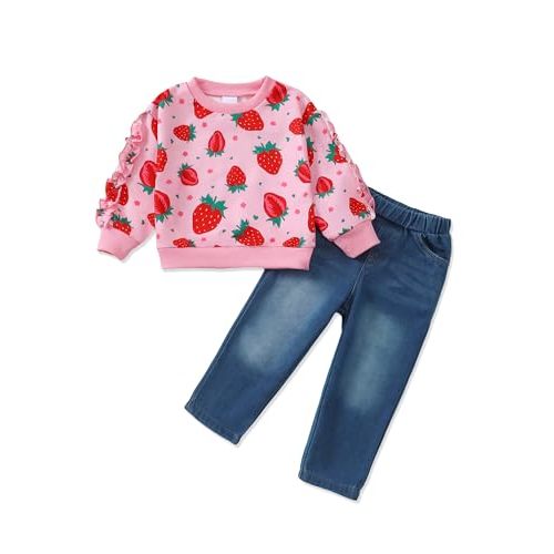 Mikrdoo Baby Toddler Girl Clothes Long Sleeve Ruffle Shirts Top Denim Bell Bottom Outfits Fall Winter Kids Clothing Sets