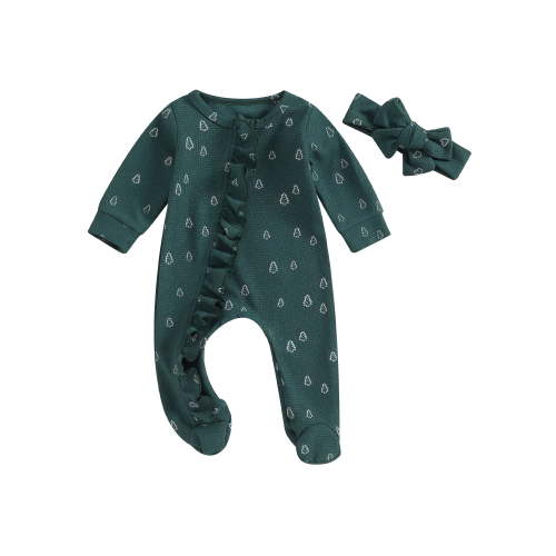 ZINTAOZT Newborn Baby Girls Christmas Outfit Tree Print Ruffle Footies Romper Long Sleeve Zipper Jumpsuit Headband Set