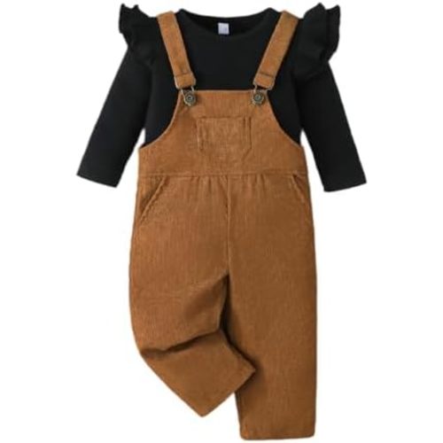 Toddler Baby Girl Fall Clothes Ruffled Top Shirt Plaid Bib Overalls Pocket Suspender Pants Set Thanksgiving Outfits