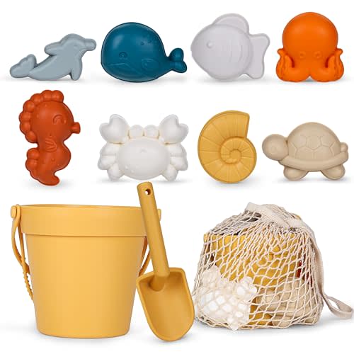 MarcZero 11Pcs Silicone Beach Toys,Modern Baby Beach Toys,Travel Friendly Beach Set,Eco Friendly Toy,Silicone Bucket, Shovel, 8 Sand Molds, Beach Bag,Silicone Sand Toys for Toddlers, Kids (Yellow)