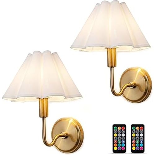 Gold Wireless Sconces Set of 2 with Linen Scalloped Shade, Battery Operated Wall Sconces with Remote and Dimmable Bulb, Luxury Rechargable Wall Lights for Bedroom Livingroom Bathroom (White Linen)
