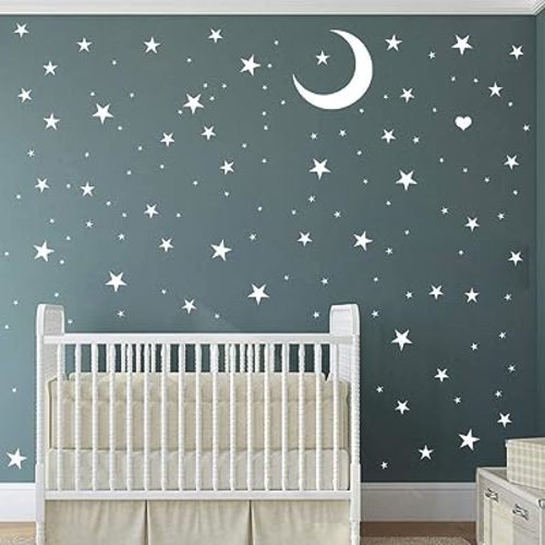 Easma Star Wall Decals (191stars+1moon+1heart) 3 Size White Stars and Moon Decals Removable Peel and Stick Stickers Fits Kids Room Decor