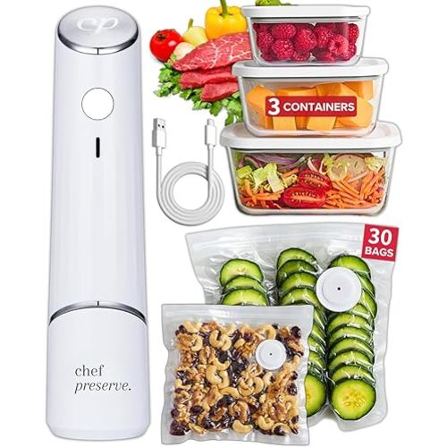 Compact Vacuum Sealer For Food (Vacuum Sealer Machine + 3 Glass Vacuum Containers + 30 Reusable Vacuum Bags) Powerful Handheld Vacuum Seal Machine, Seal Meal Saver, Portable Food Sealer