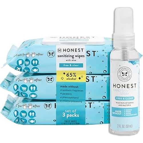 The Honest Company Fragrance Free Sanitizing Alcohol Wipes and Hand Sanitizer Spray Bundle