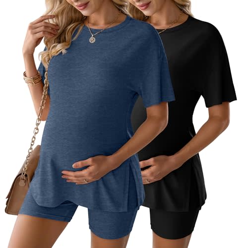 4 Pcs Women's Maternity Pajamas Sets Lounge Pregnancy PJS Outfits Side Slit Short Sleeve Shirts Loungewear Shorts