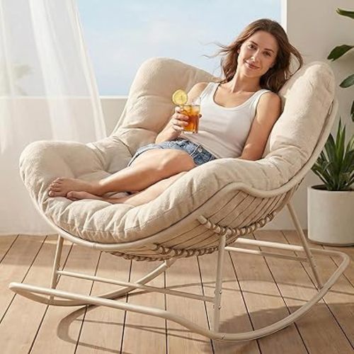 SWITTE Outdoor Rocking Papasan Chair, Oversized Patio Egg Lounge Chair with Thick Cushion, Indoor Wicker Rocking Recliner, Comfy Rocker for Balcony, Porch, Living Room, Garden - Natural