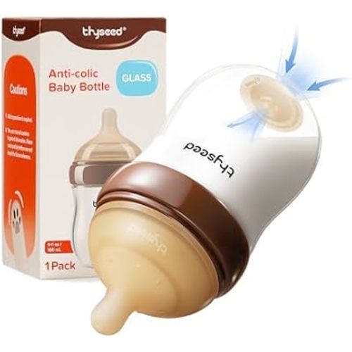 Thyseed Anti-Colic Glass Baby Bottle for Breastfed Infants, Paced Feeding, Breast-Like Newborn Extra Slow Flow Nipple (1m+), 5 oz/160 ml, 1 Pack