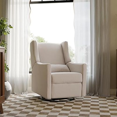 Babyletto Kiwi Recliner and Swivel Glider in Performance Beach Eco-Weave, GREENGUARD Gold Certified, Manual Recline, Water Repellant + Stain Resistant Fabrics