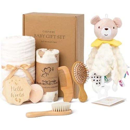 Wooden Baby Hair Brush Set with Muslin Swaddle Blanket, Newborn Gift Set