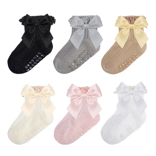 Baby Socks Baby Girl Non Slip Grip Ruffle Socks with Bows Soft Cotton Toddler Girl Sock with Grips Newborn Infant