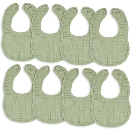 Comfy Cubs Muslin Bibs for Babies, Pack of 8 - Soft and Highly Absorbent, Feeding, Drool and Teething Bib, Adjustable Snaps - Stylish & Colorful Unisex Designs, Giftable Set - Sage