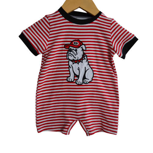 Bulldog Mascot Applique Striped Red & Black Unisex / Boy Romper - Georgia