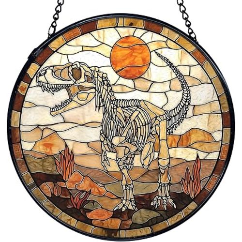 TNUW Dinosaur Skeleton Stained Glass Window Hanging, Prehistoric Dino Fossil Sunset Landscape SunCatchers Indoor Window Glass Round Wall Art Decor, Dinosaur Wall Hanging Decorations, 7.9＂x7.9＂