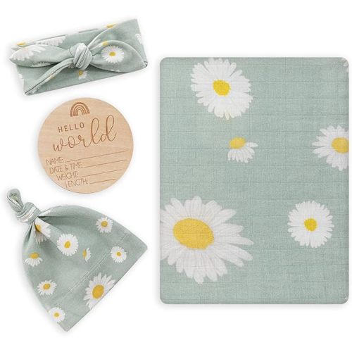 BabyWhale Muslin Swaddle Blanket with Hat and Headband Bow, Daisy Pattern Swaddle Set for Baby Boys & Girls, Soft Receiving Blanket, 47x47 inches, Green