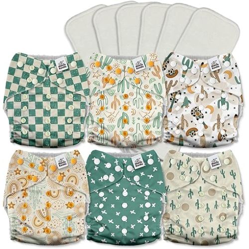 Mama Koala 3.0 Pocket Cloth Diapers for Babies with AWJ Lining, 6 Pack with 6 5-Layer Natural Cloth Diaper Inserts - Reusable and Washable Pocket Diapers(A-Desert Oasis)