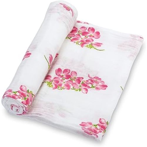 LollyBanks Baby Blanket, 100% Cotton Muslin Swaddle Blankets for Girls, Large 47 x 47 Inches Newborn Blanket, Soft and Breathable Receiving Blankets, Baby Essentials, Registry (Dogwood Flower Print)