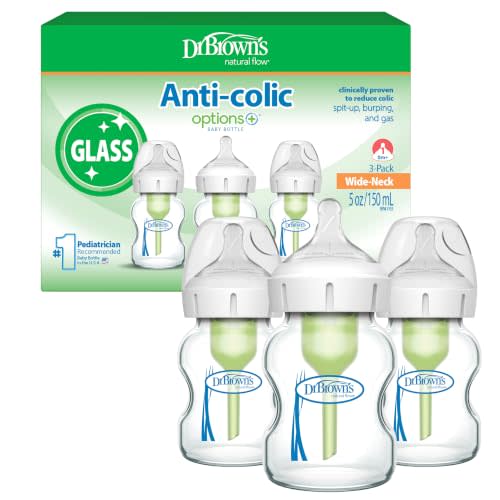 Dr. Brown's Anti-Colic Options+ Wide-Neck Glass Baby Bottle, 5 oz, 3-Pack | (Packaging May Vary) Clinically Proven to Reduce Colic, Glass Baby Bottles with Level 1 Slow Flow Nipple, 0m+, BPA-free