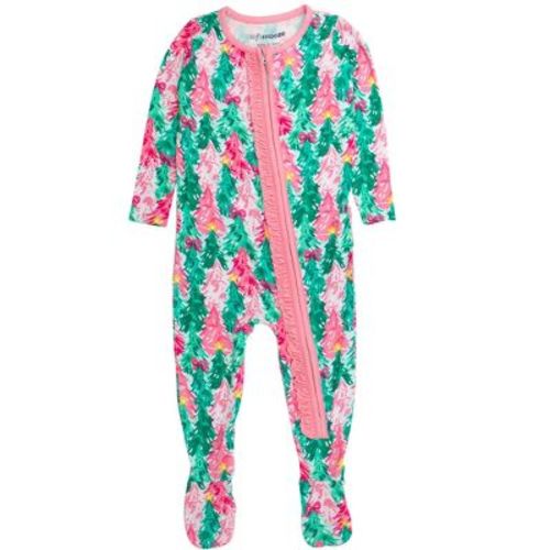 RuffleButts SoftSnooze Baby Girls Holiday Ruffle One Piece Footie Pajamas - Pink Jolly Grove, 0-3m
