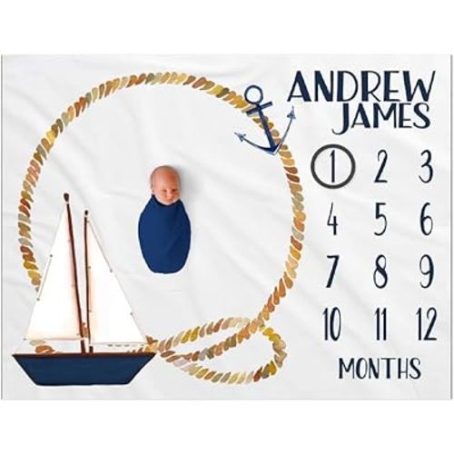 Personalized Nautical Baby Boy Milestone Blanket, Monthly Growth Blanket with Sailboat, Anchor and Nautical Rope, Ocean Theme Newborn Photo Prop, Perfect, Soft Fleece Material