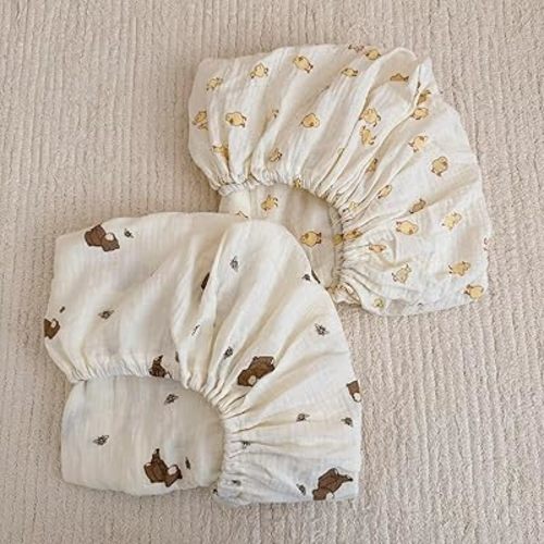 BuLuTu Muslin Cotton Crib Sheets Neutral Baby Boys Girls, 2 Pack Fitted Sheets for Standard Mattress 52"x28", Cute Animal Print Toddler Bed Sheet Nursery Decor, Bear & Duck