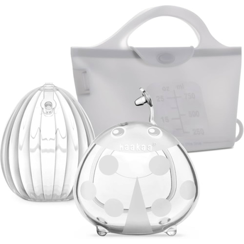 haakaa Milk Collector Set - 75ml Shell Pump, 75ml Milk Collector & 750ml Steriliser Bag - Hands-Free Wearable Breast Pump, Passive Silicone Milk Catcher for Breastfeeding Mom
