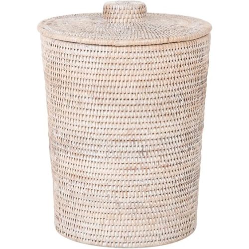 Kouboo La Jolla Rattan Round Plastic Insert & Lid, Dorm Waste Basket, Bedroom, Living Room, Bathroom Basket for Dry Organic, Home Decor, Large White-Wash