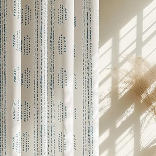 100% Boho Blackout Curtains 90 Inches Long for Bedroom, Blue on Beige Patterned Bohemian Curtains for Living Room, Geometric Striped Thermal Insulated Window Drapes Gromment Top 2 Panels
