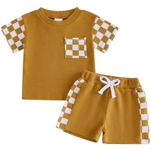 6-12M Tsultryofs Baby Boy Summer Clothes Toddler Infant Plaid Patchwork Outfit Short Sleeve Round Neck Tops and Casual Shorts Set