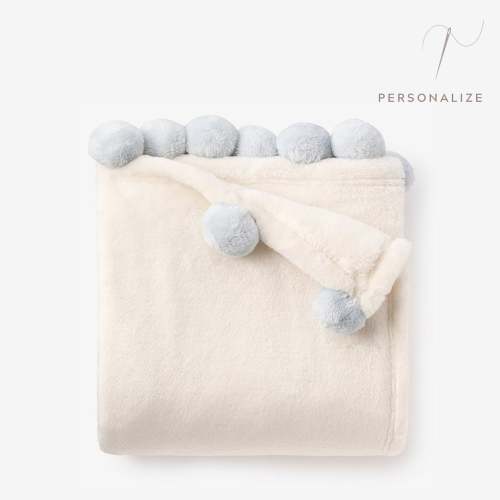 Pale Blue Pom Trim Fleece Baby Stroller Blanket