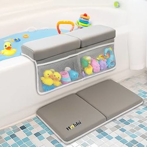 Wobbi Baby Bath Kneeler and Elbow Rest Pad Set - 1.5" Thick Memory Foam Knee Pad for Bathing Babies - 6 Suction Cups Non Slip Bath Kneeling pad with Toy Storage - Foldable & Quick Drying-Grey