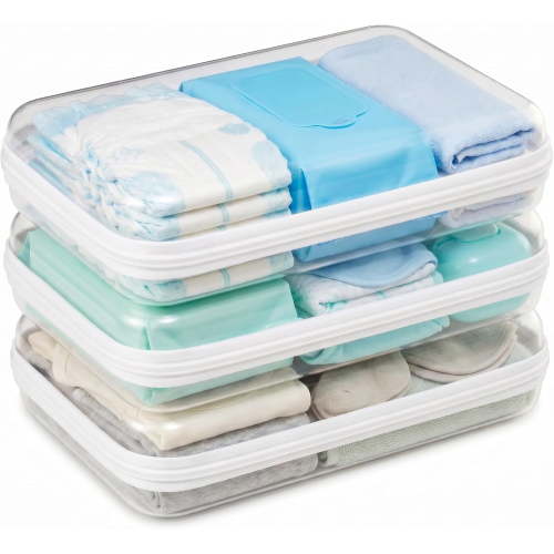 RAIRSKY 3 Pack Medium White Clear Hard Shell Zipper Case, Clear Storage Organizer Bins with Zipper, Water-Resistant Travel Toiletry Bag for Makeup, Cables, Snacks, Crafts, Office Supplies