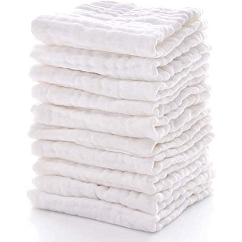 Muslin Washcloths - Natural Cotton Baby Wipes - Soft Newborn Face Towel for Sensitive Skin - Baby Registry Gift, 10 Pack 10x10 inches (White)