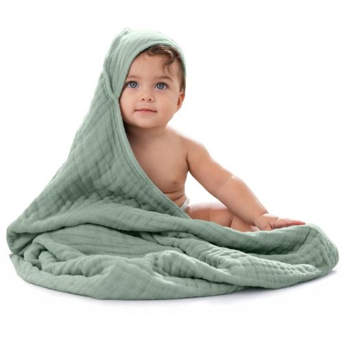 Comfy Cubs Hooded Baby Towels - 6 Layer, 100% Muslin Cotton - Large 32 x 32 Inch, Unisex, Pack of 1 - Fern