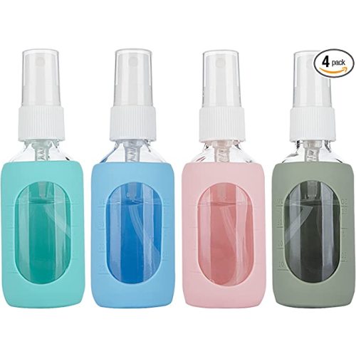HOMBYS Empty Clear Glass 2oz Small Spray Bottles with Silicone Sleeve Protection - Refillable Containers for Travel, Cleaning Solutions, Essential Oils, Sanitizers - Fine Mist Spray - 4 Pack-Clear