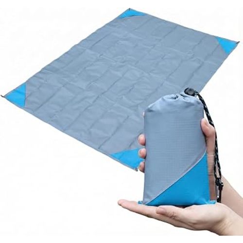 Orga'Neat Pocket Picnic Blanket, Beach Mat Waterproof Sandproof, Compact Lightweight Small Tarp for Camping, Hiking, Backpacking, Festival, Travel, Foldable in Bags (Grey/Blue, 55"x79")