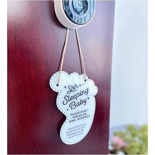 Small Baby Sleeping Hanging Sign,Do Not Knock Or Ring The Bell, Door Hanger for Baby Room, Nursery, Front Door (foot)