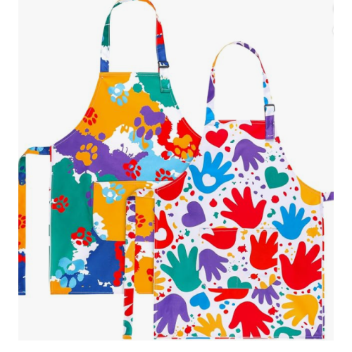 2 Pack Kids Apron, Cute Cooking Aprons, Waterproof Art Apron with Pockets, Toddler Painting Artist Apron Adjustable