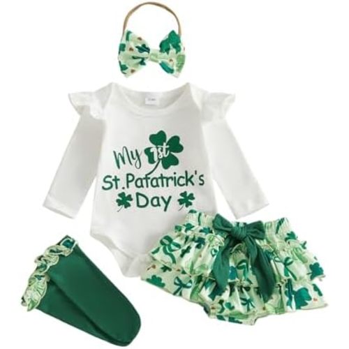 Baby Girl St Patricks Day Outfit Newborn First Letter Shamrock Romper+Tutu Shorts+Headband+Socks 4Pcs Infant Dress