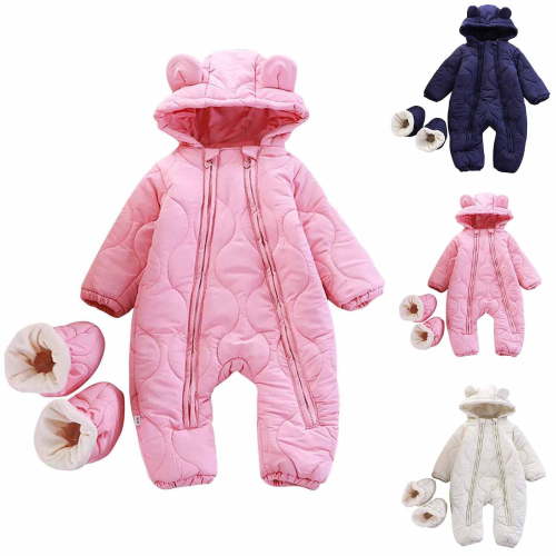 Swuxness Toddler Fleece Warm Hooded Rompers, Kids Long Sleeve Long Pant Jumpsuit, Kids Solid Color Thick Double Zipper Warm Romper Set with Covers Navy, 6-9 Months