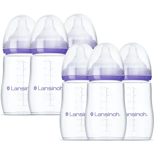 Lansinoh Anti-Colic Baby Bottles for Breastfeeding Babies, 8 Ounces, 6 Count, Includes 6 Medium Flow Nipples, Size M