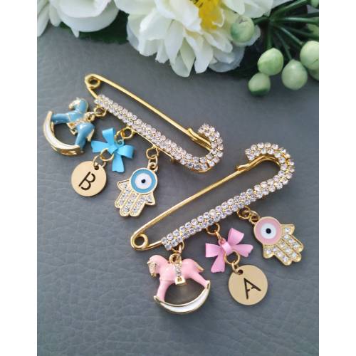 Personalized Gold Baby Stroller Pin with Hamsa Evil Eye for Good Luck and Protection