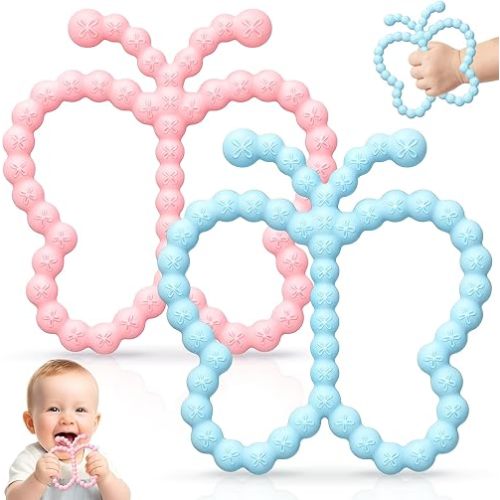 2 Pack Butterfly Teething Toys for Babies 3-6 6-12 Months, BPA Free Silicone Baby Teether Toys for Teething Relief, Easy-Grip Double Ring Infant Newborn Chew Toys for Sucking Needs