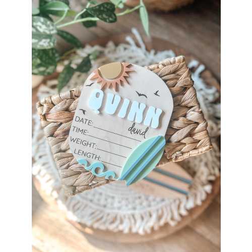 Surfer Baby Stat Sign, Surf Baby Name Announcement, Birth Announcement, Name Sign, Baby Name Sign, Waves, Ocean, Surf, Surfboard