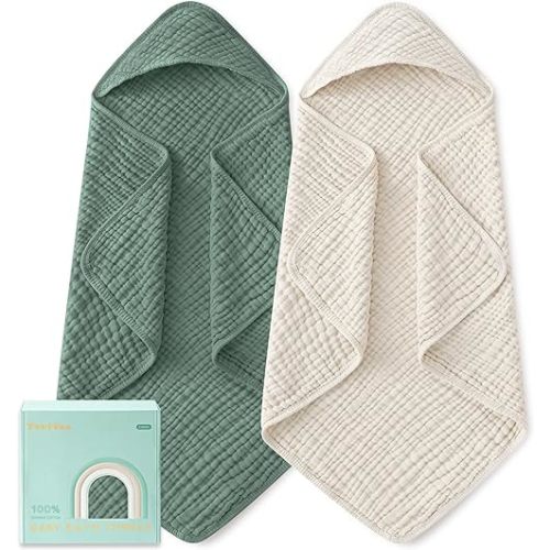 Yoofoss Hooded Baby Towels for Newborn 2 Pack 100% Muslin Organic Cotton Baby Bath Towel with Hood for Babies, Infant, Toddler and Kids, Large 32x32Inch, Soft and Absorbent Newborn Essential